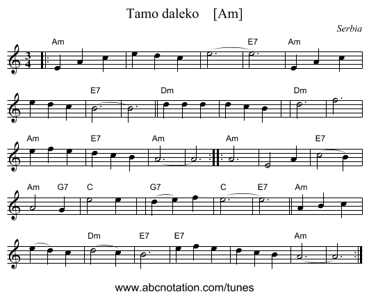 Tamo daleko    [Am] - staff notation