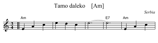 Tamo daleko    [Am] - staff notation