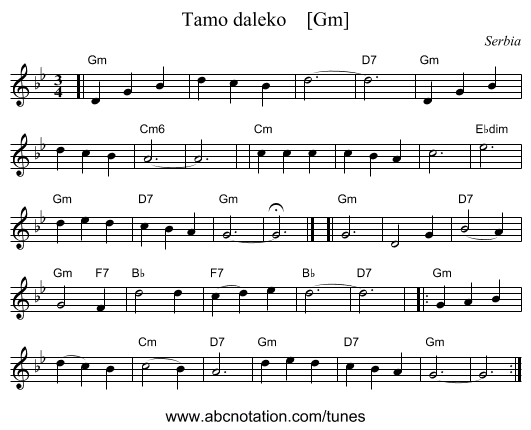 Tamo daleko    [Gm] - staff notation