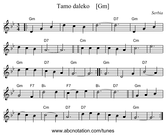 Tamo daleko    [Gm] - staff notation