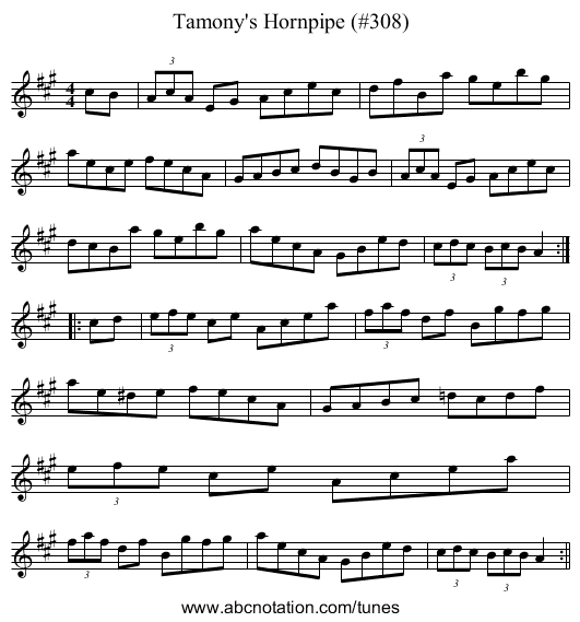 Tamony's Hornpipe (#308) - staff notation