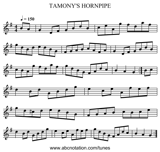 TAMONY'S HORNPIPE - staff notation