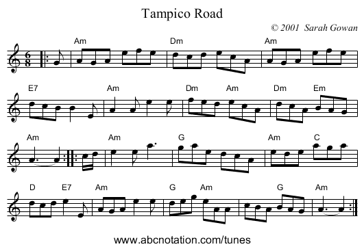 Tampico Road - staff notation
