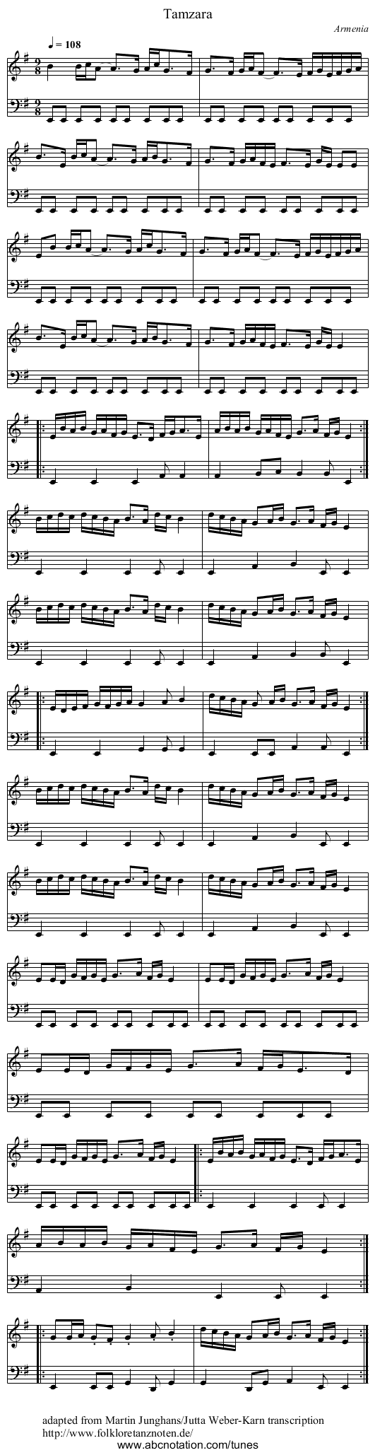 Tamzara - staff notation