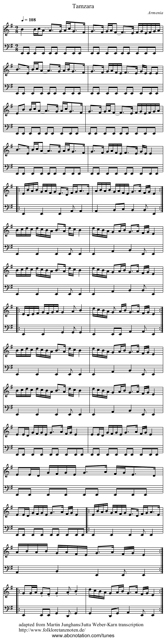 Tamzara - staff notation