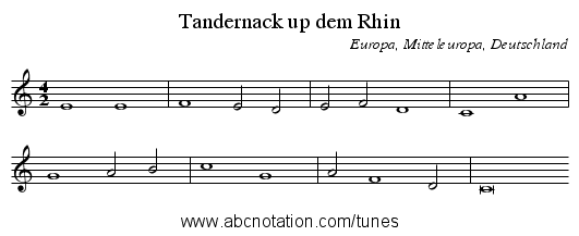 Tandernack up dem Rhin - staff notation