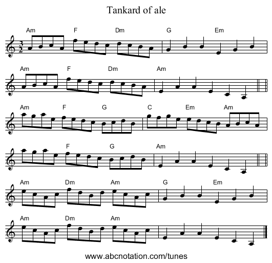 Tankard of ale - staff notation