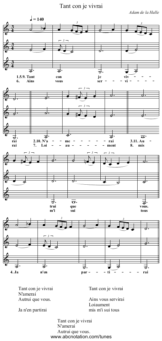 Tant con je vivrai - staff notation