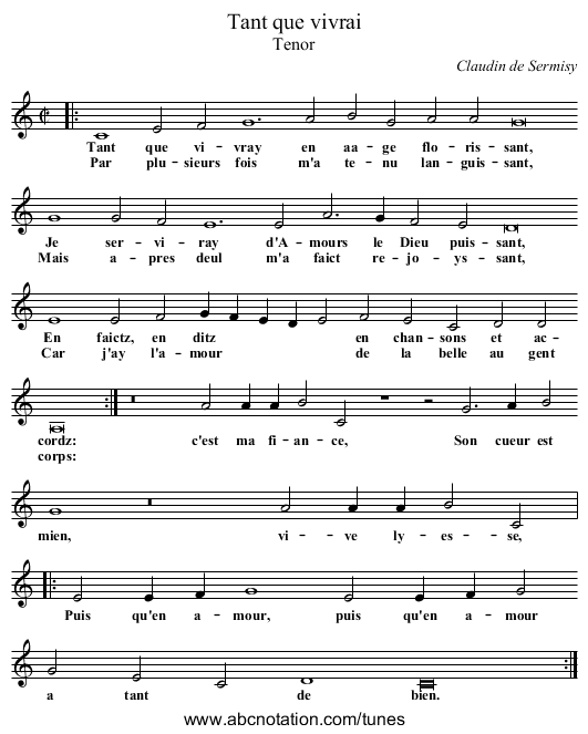 Tant que vivrai - staff notation