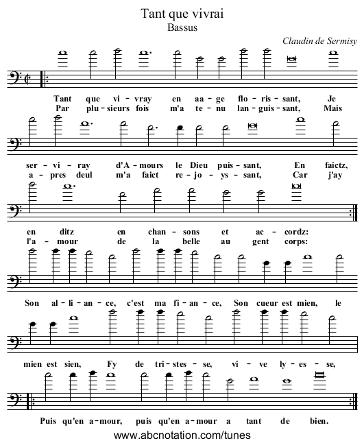 Tant que vivrai - staff notation