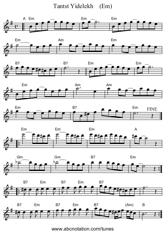 Tantst Yidelekh (Em) - staff notation