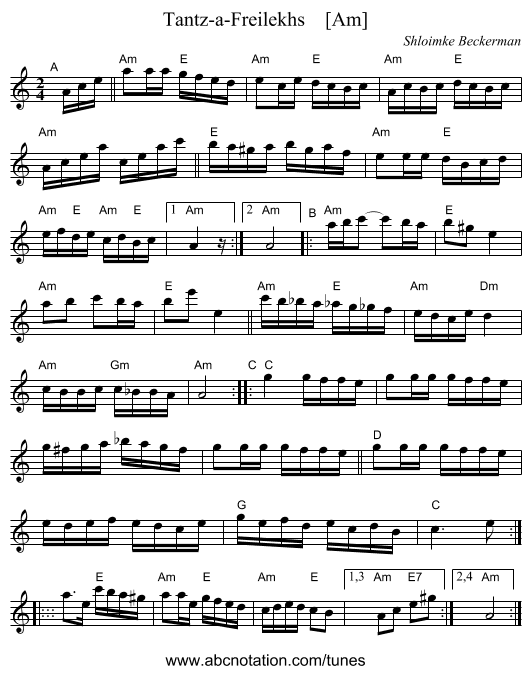 Tantz-a-Freilekhs    [Am] - staff notation