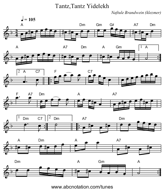 Tantz,Tantz Yidelekh - staff notation