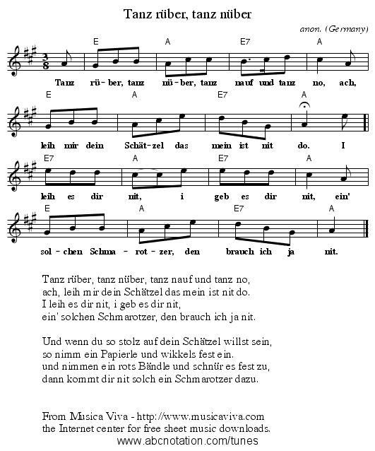 Tanz r&uuml;ber, tanz n&uuml;ber - staff notation