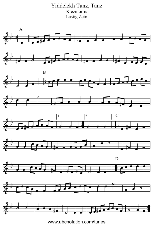 Tanz, Tanz, Yiddelekh - staff notation