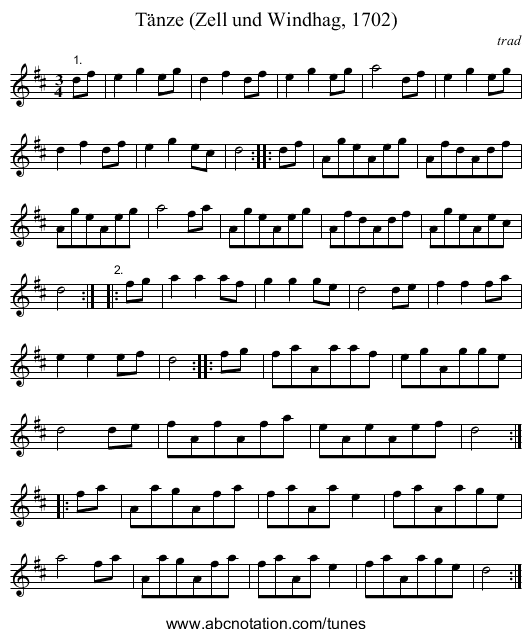 Tänze (Zell und Windhag, 1702) - staff notation