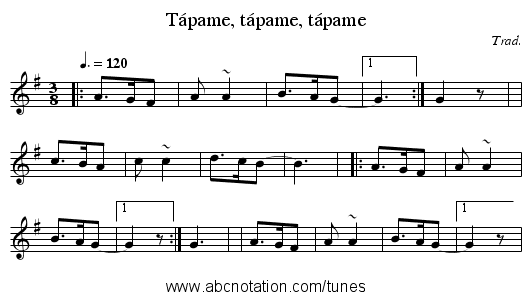 Tápame, tápame, tápame - staff notation