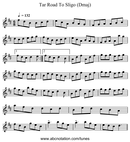 Tar Road To Sligo (Dmaj) - staff notation