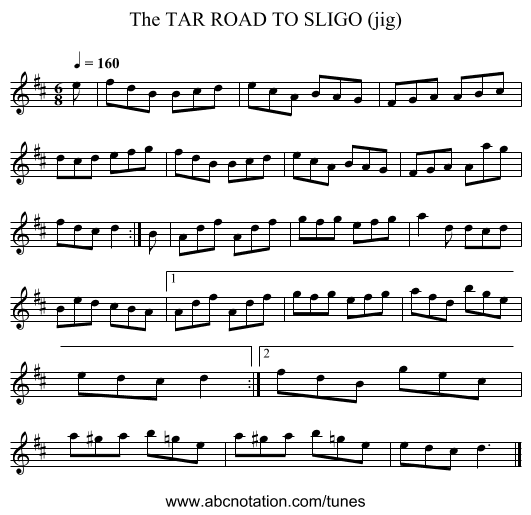 TAR ROAD TO SLIGO (jig), The - staff notation