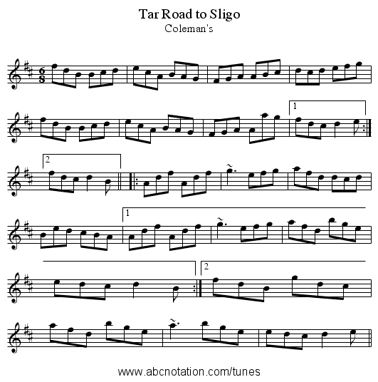 Tar Road to Sligo - staff notation