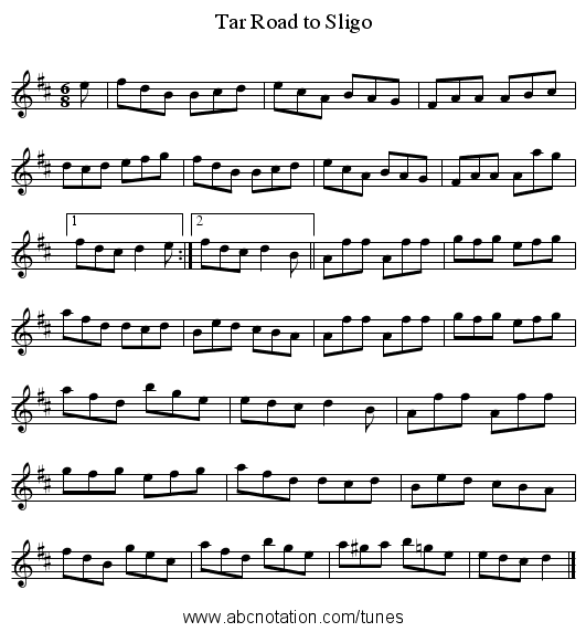 Tar Road to Sligo - staff notation