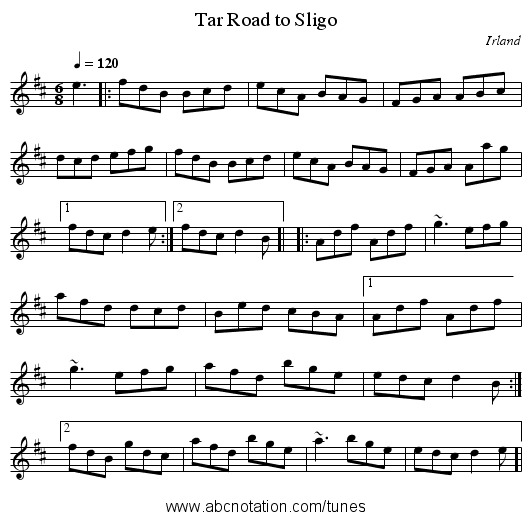 Tar Road to Sligo - staff notation