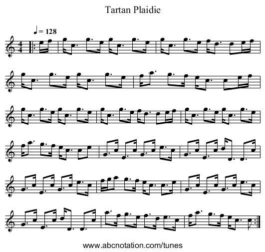 Tartan Plaidie - staff notation