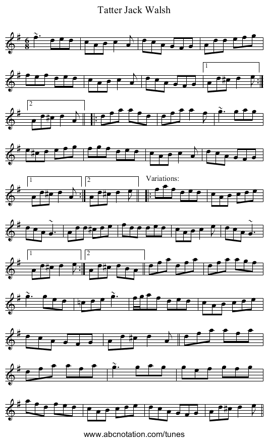 Tatter Jack Walsh - staff notation