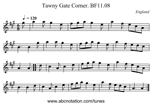 Tawny Gate Corner. BF11.08 - staff notation
