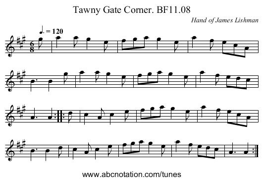 Tawny Gate Corner. BF11.08 - staff notation