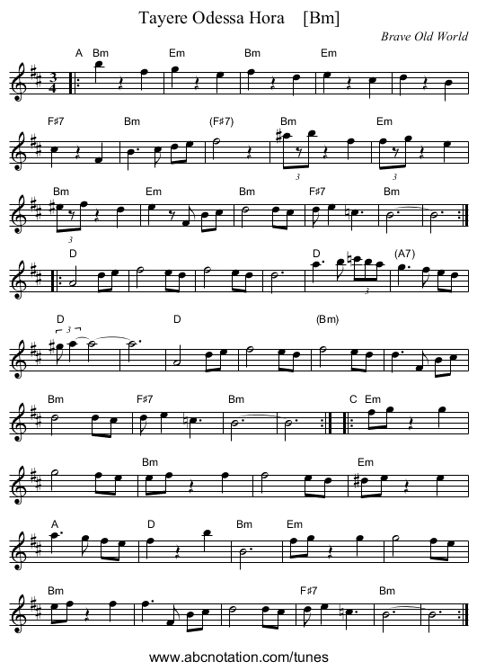 Tayere Odessa Hora    [Bm] - staff notation