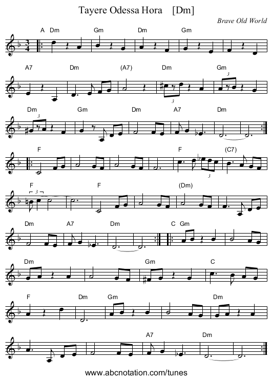 Tayere Odessa Hora    [Dm] - staff notation