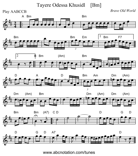 Tayere Odessa Khusidl    [Bm] - staff notation