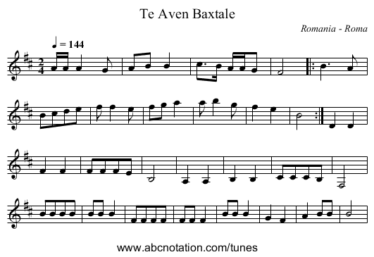 Te Aven Baxtale - staff notation