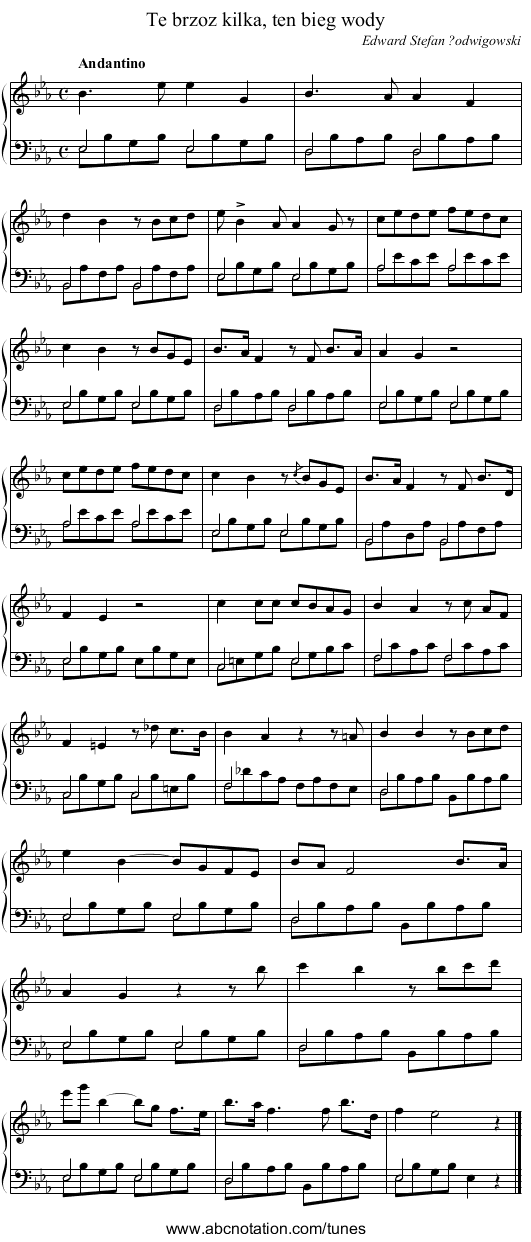 Te brzoz kilka, ten bieg wody - staff notation