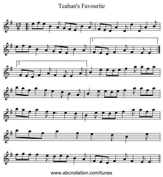 Teahan's Favourite - staff notation