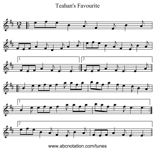 Teahan's Favourite - staff notation