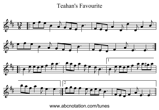 Teahan's Favourite - staff notation