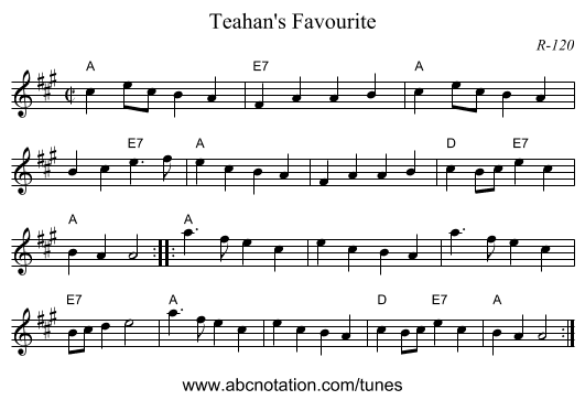 Teahan's Favourite - staff notation