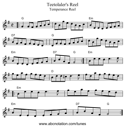 Teetolaler's Reel - staff notation