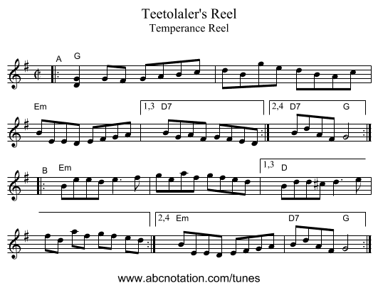 Teetolaler's Reel - staff notation