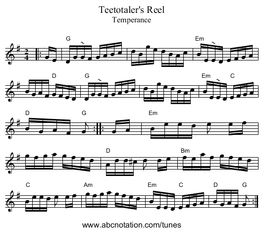 Teetotaler's Reel - staff notation
