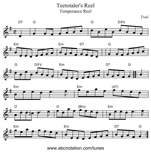 Teetotaler's Reel - staff notation