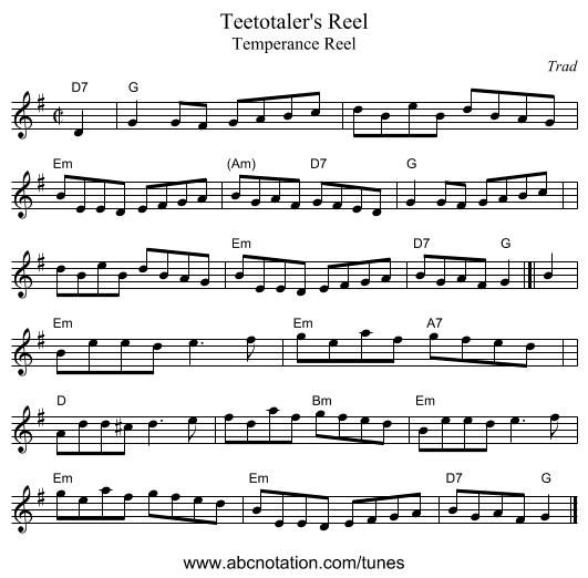 Teetotaler's Reel - staff notation