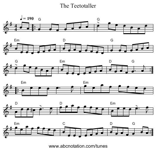 Teetotaller, The - staff notation