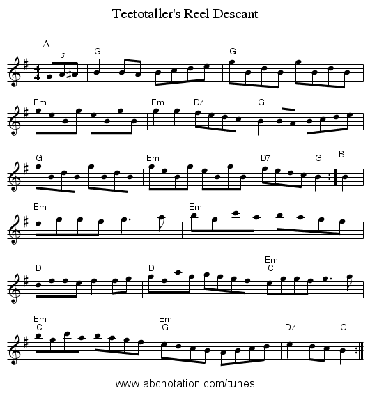 Teetotaller's Reel Descant - staff notation