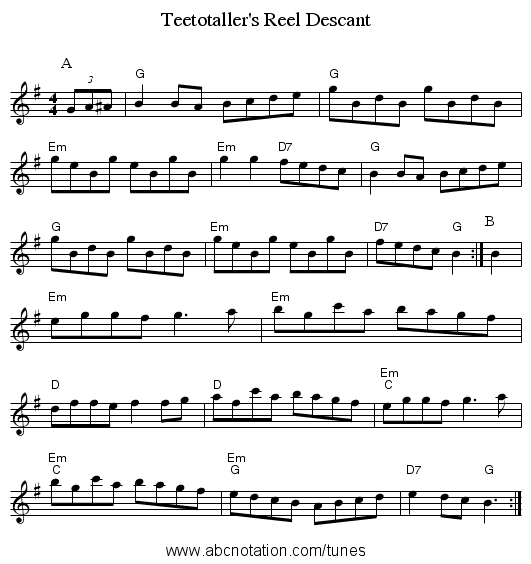 Teetotaller's Reel Descant - staff notation