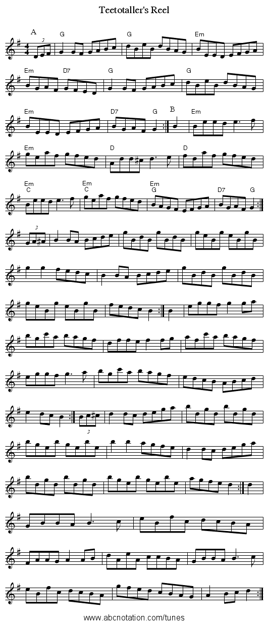 Teetotaller's Reel - staff notation