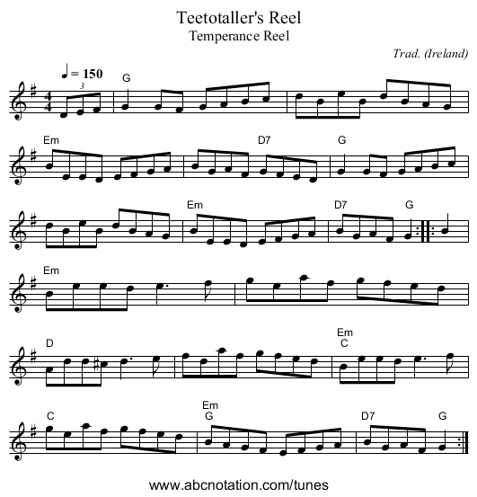 Teetotaller's Reel - staff notation