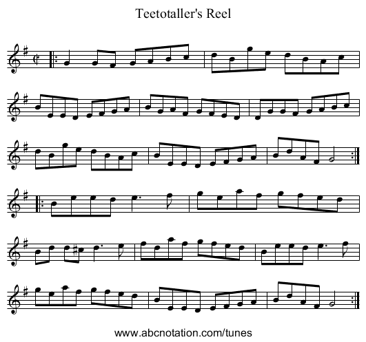 Teetotaller's Reel - staff notation